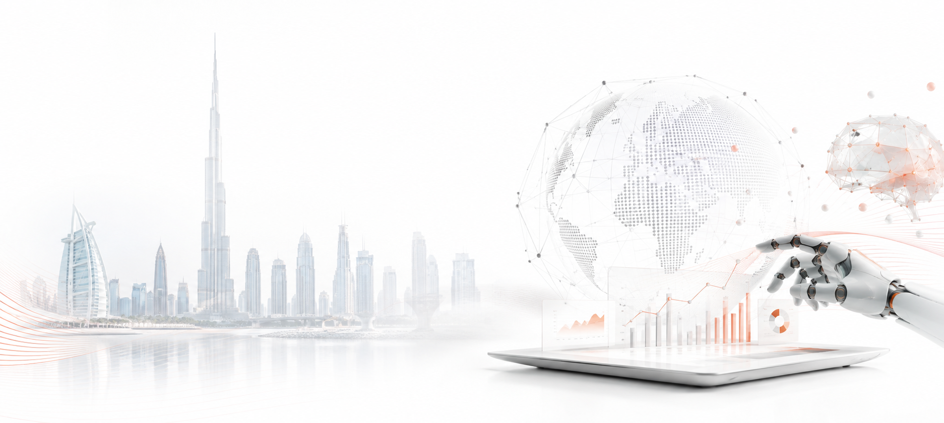 Dubai's Burj Khalifa skyline beside a robotic hand activating a digital globe and AI analytics dashboard