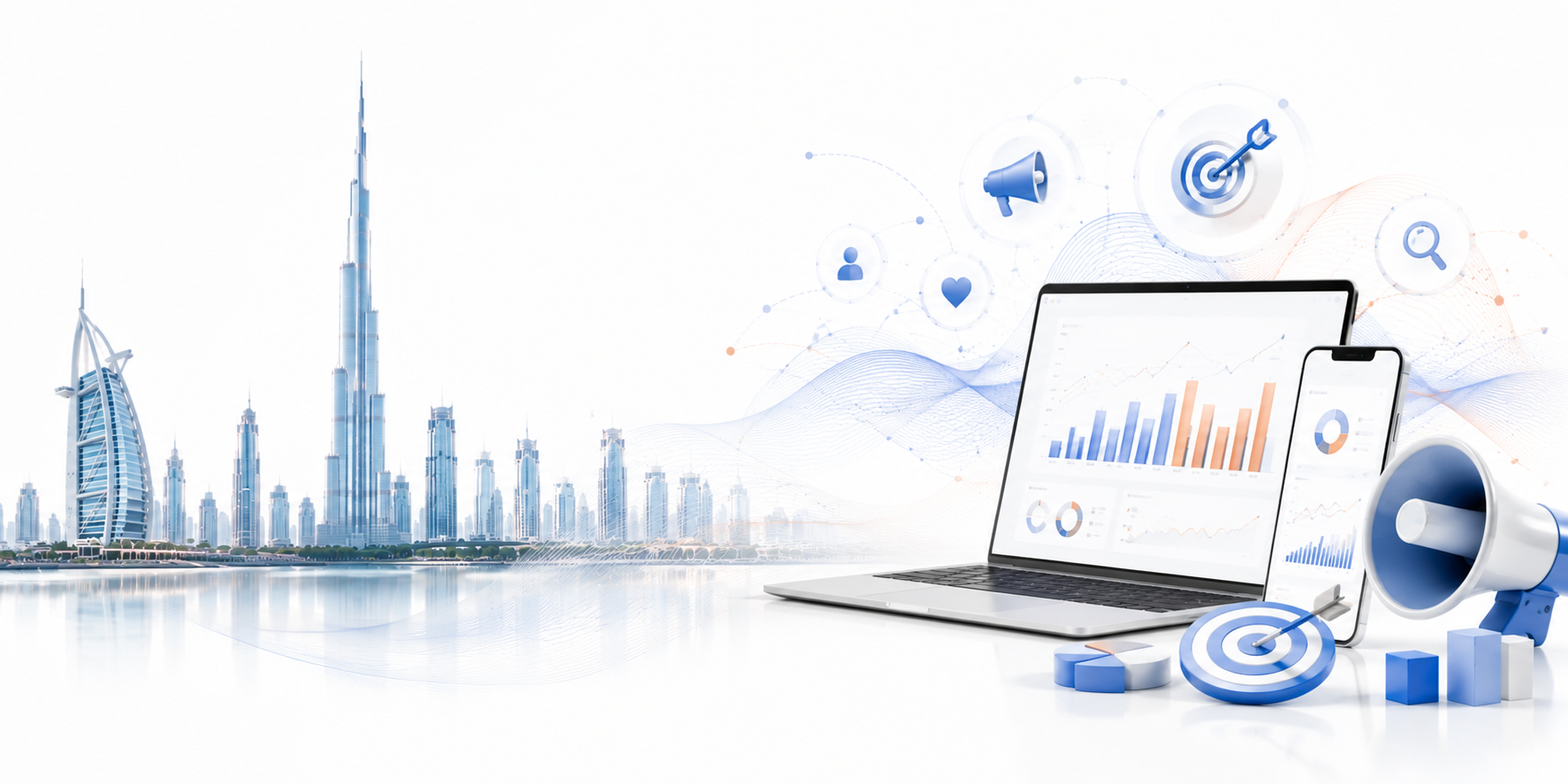 Dubai's Burj Khalifa skyline beside a laptop and smartphone showing marketing analytics, target, and megaphone icons