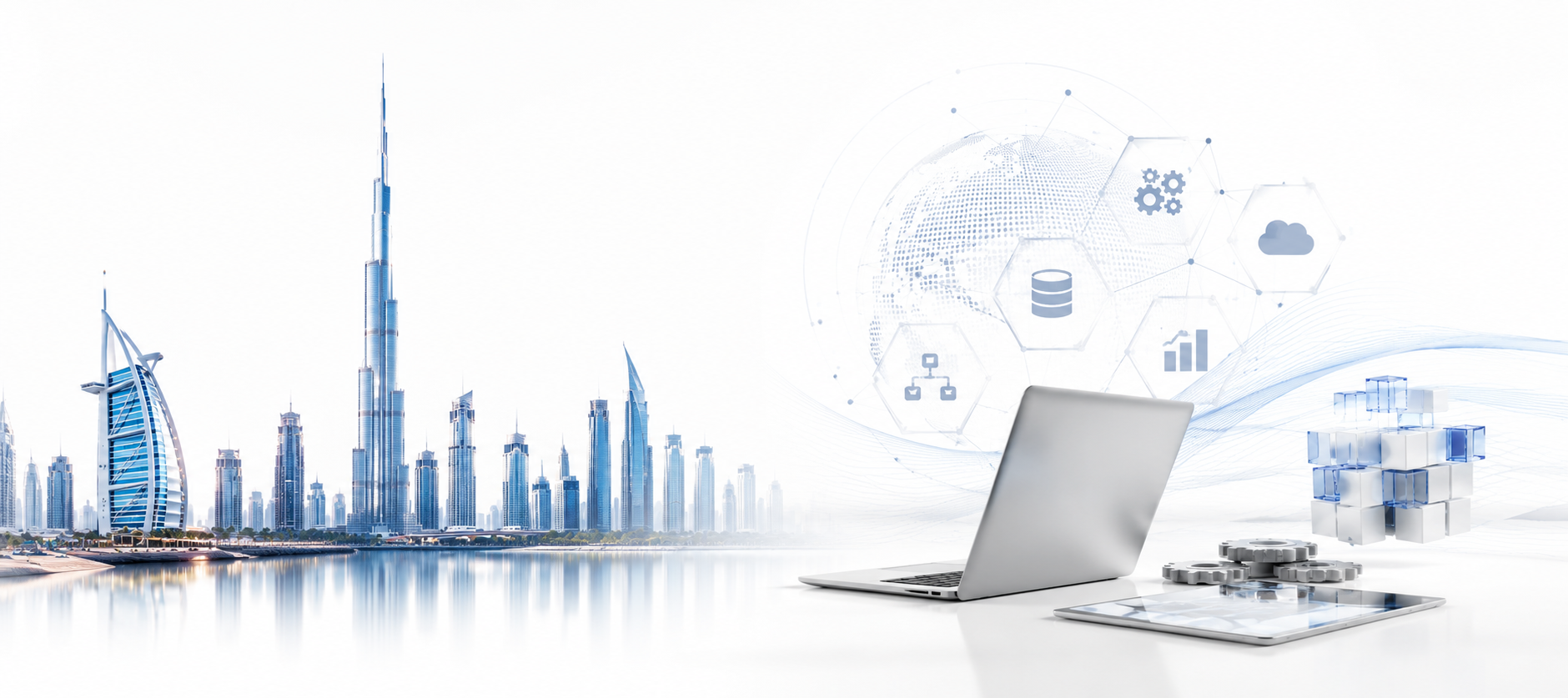 Dubai's Burj Khalifa skyline beside a laptop and tablet surrounded by SAP cloud, database, and workflow icons