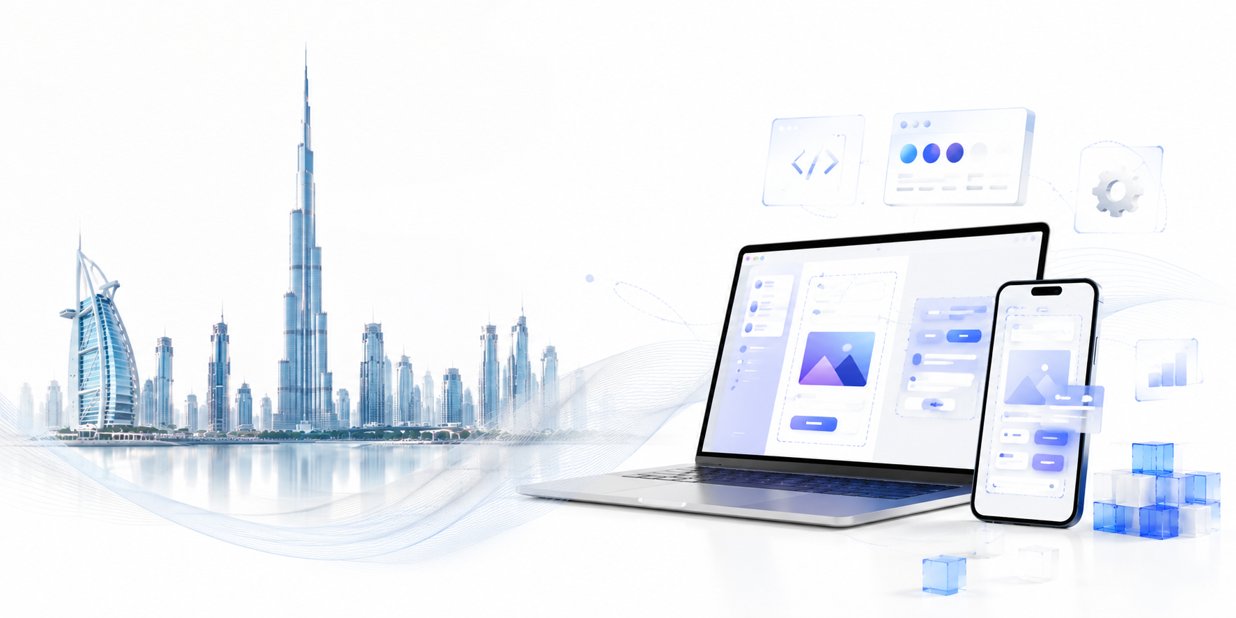 Dubai's Burj Khalifa skyline beside a laptop and smartphone displaying custom web and mobile app interfaces
